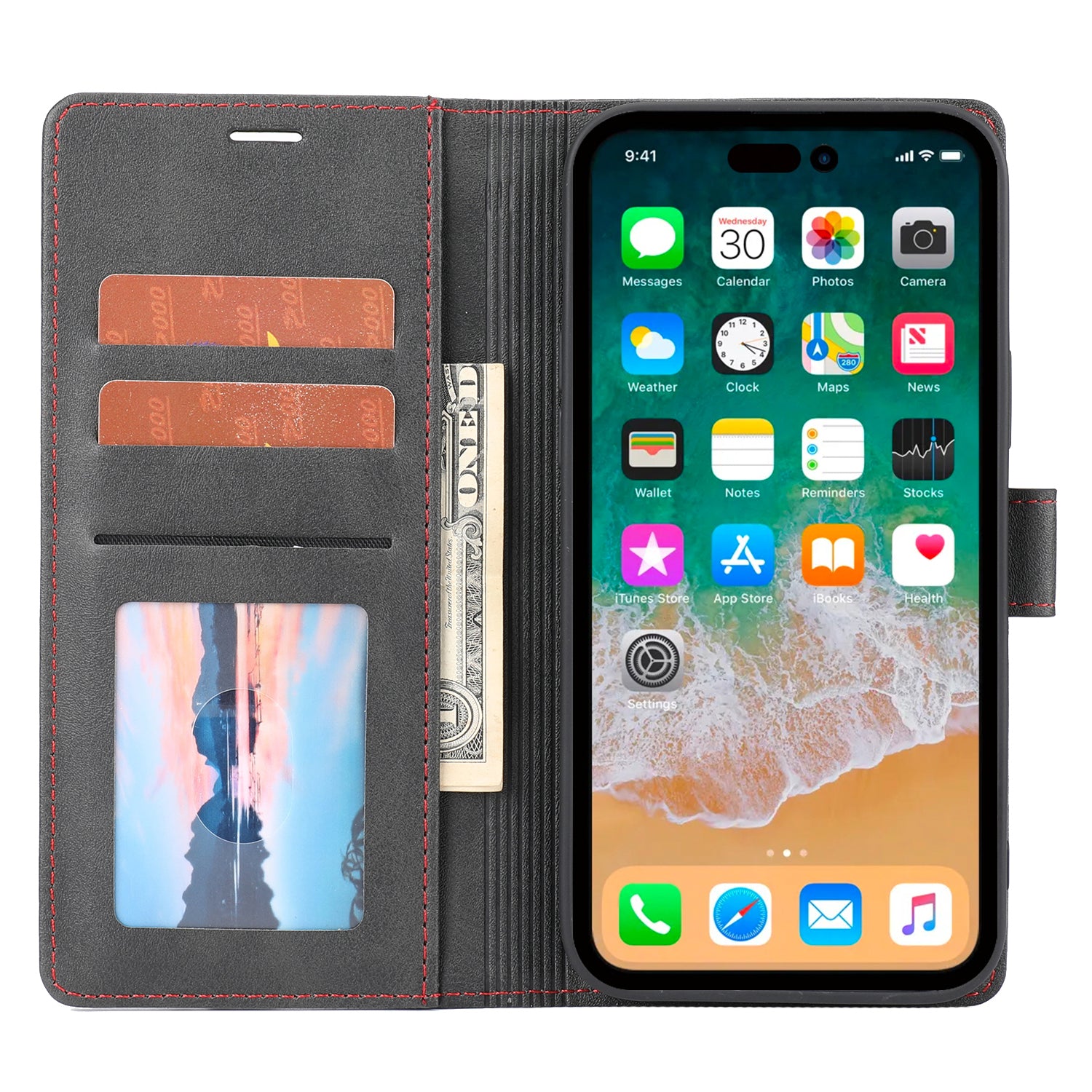 Wallet Leather Case for iPhone 15 Pro , Horizontal Line Stand Full Protection Phone Cover - Black