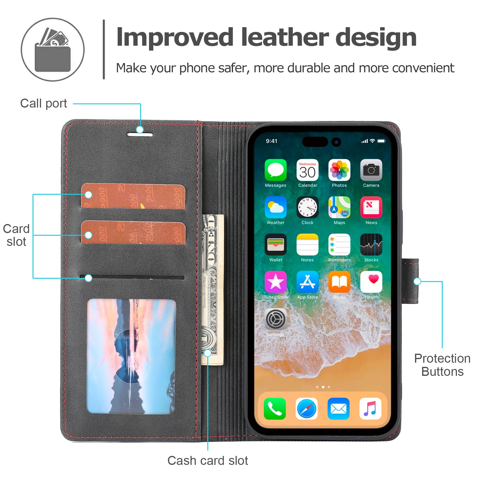 Wallet Leather Case for iPhone 15 Pro , Horizontal Line Stand Full Protection Phone Cover - Black