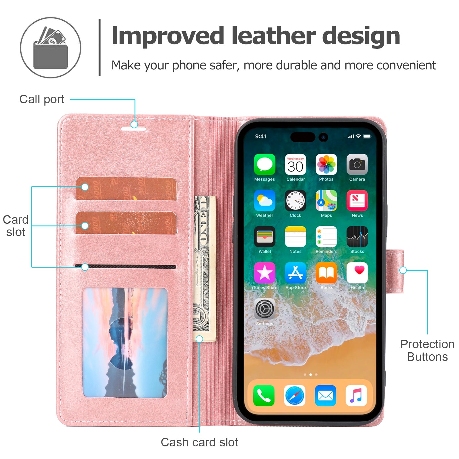 Wallet Leather Case for iPhone 15 Pro , Horizontal Line Stand Full Protection Phone Cover - Pink