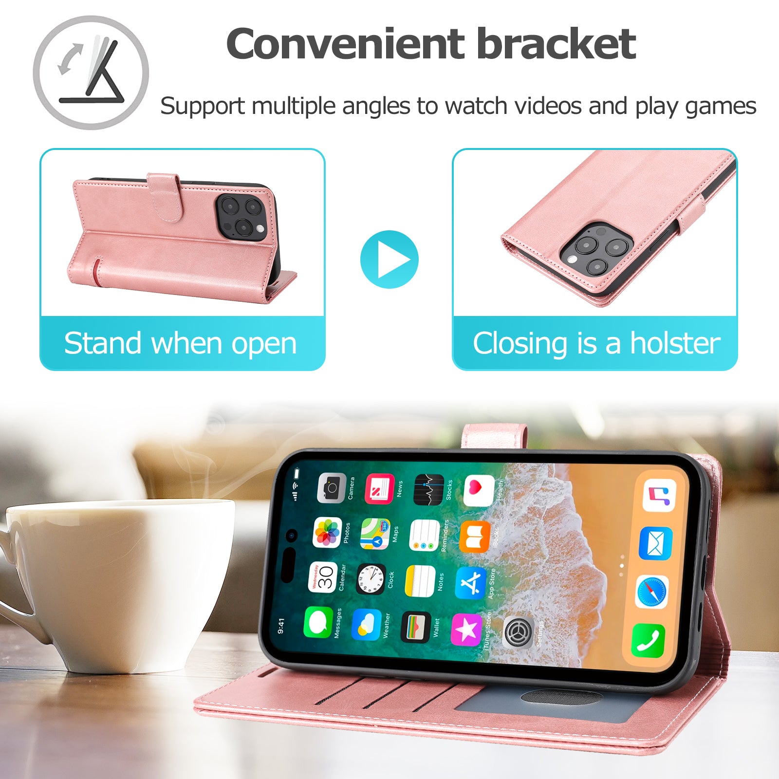 Wallet Leather Case for iPhone 15 Pro , Horizontal Line Stand Full Protection Phone Cover - Pink