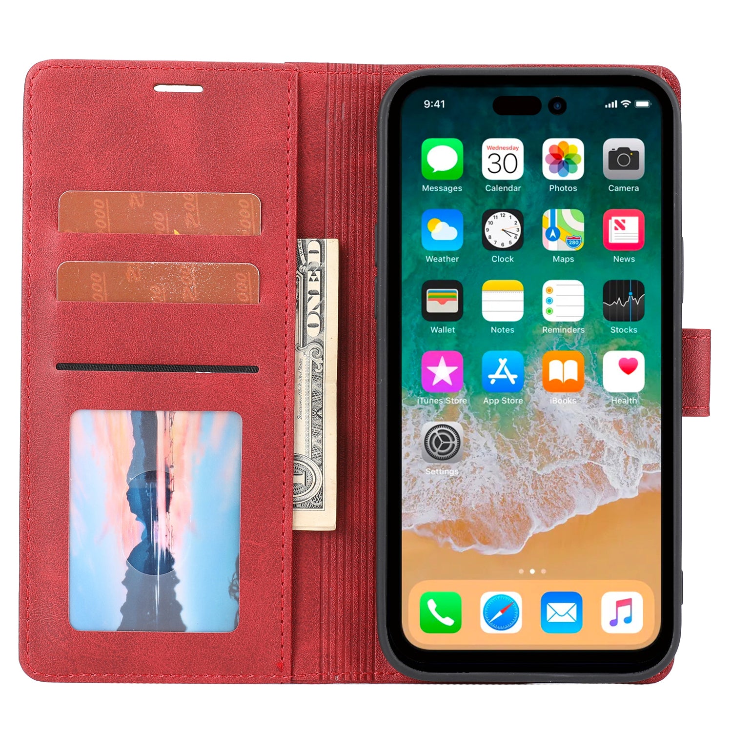 Wallet Leather Case for iPhone 15 Pro , Horizontal Line Stand Full Protection Phone Cover - Red