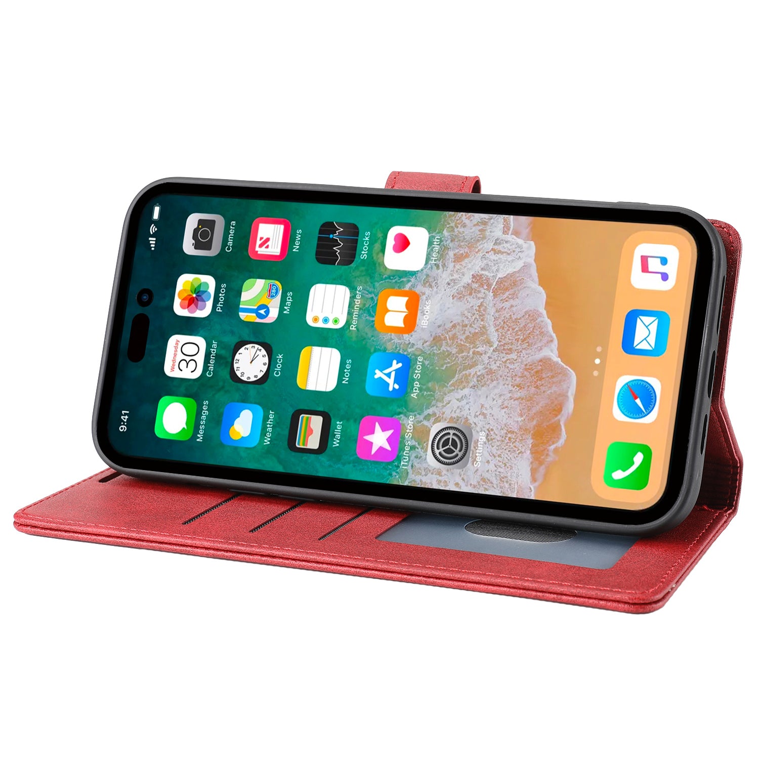 Wallet Leather Case for iPhone 15 Pro , Horizontal Line Stand Full Protection Phone Cover - Red