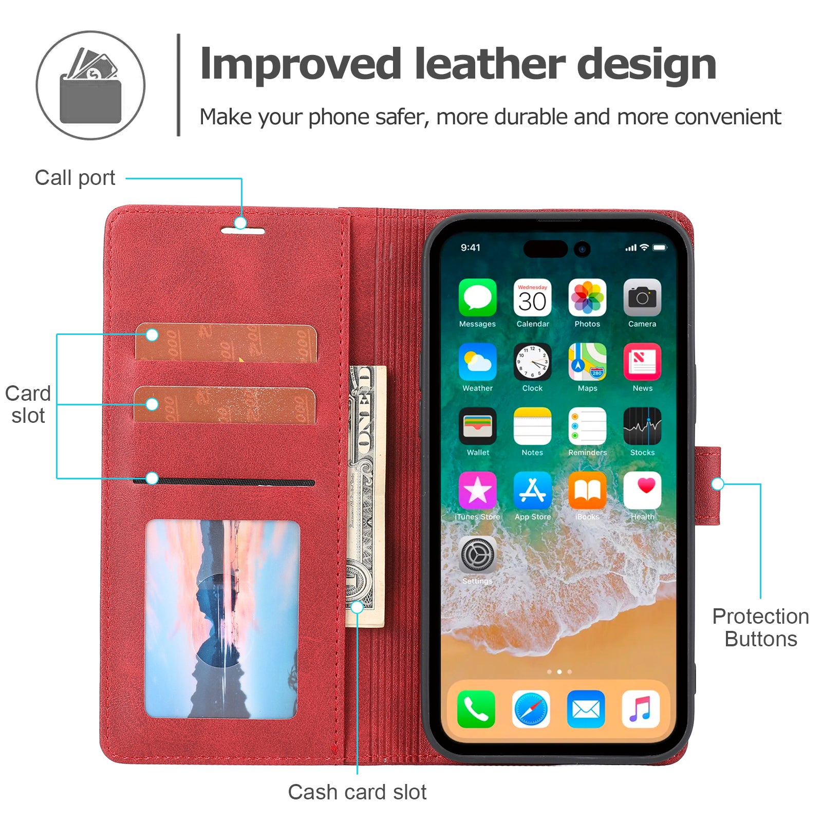 Wallet Leather Case for iPhone 15 Pro , Horizontal Line Stand Full Protection Phone Cover - Red