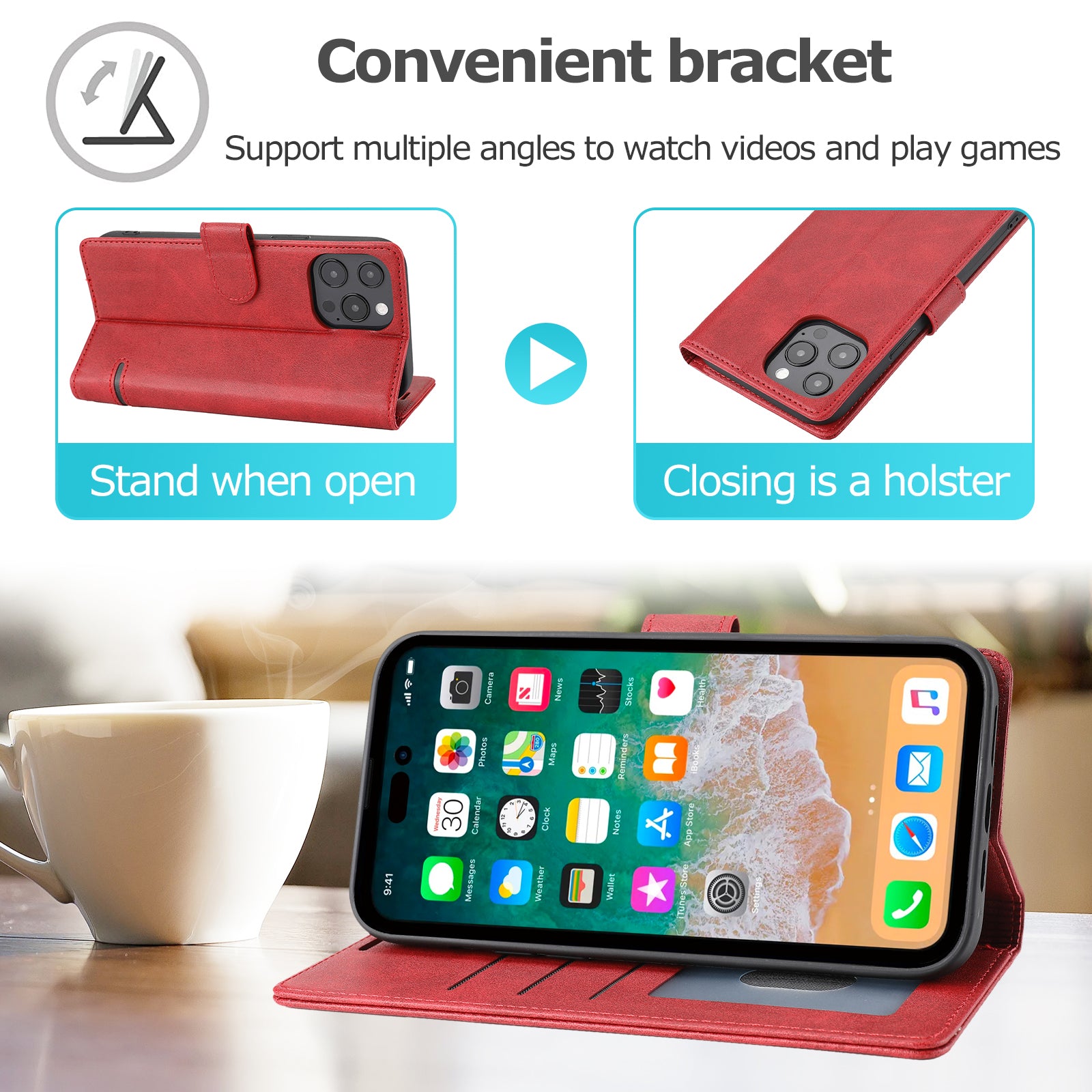 Wallet Leather Case for iPhone 15 Pro , Horizontal Line Stand Full Protection Phone Cover - Red