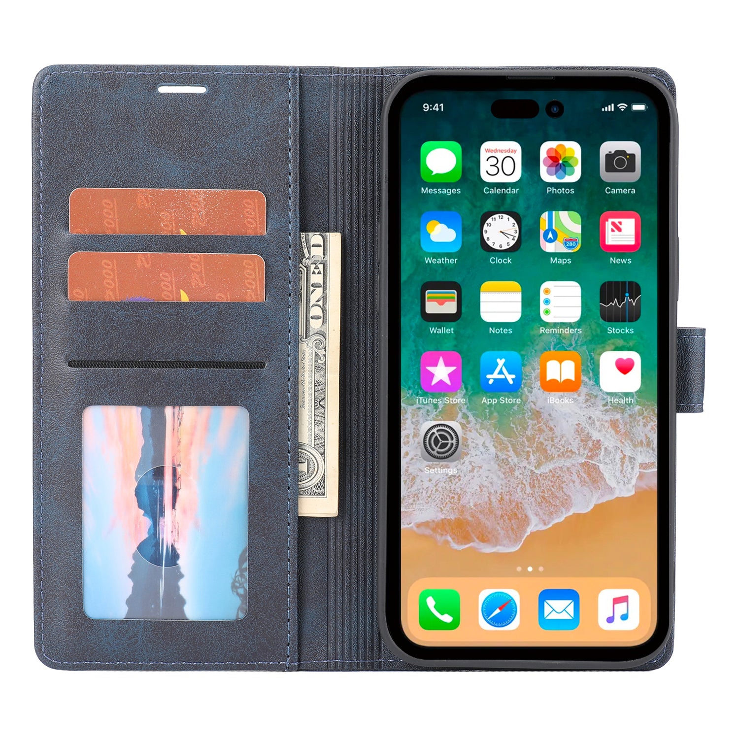 Wallet Leather Case for iPhone 15 Pro , Horizontal Line Stand Full Protection Phone Cover - Blue