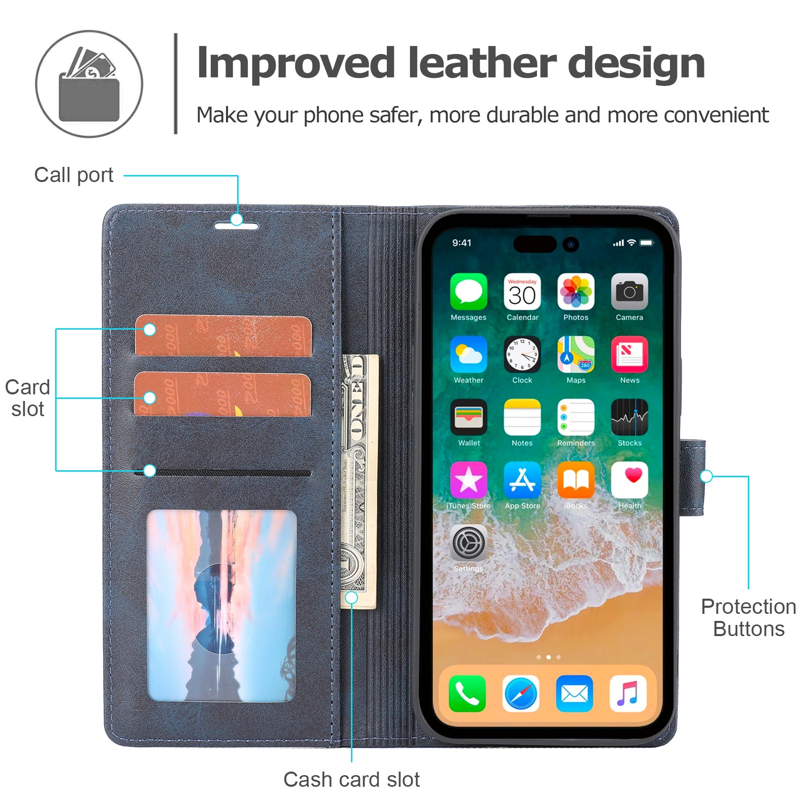 Wallet Leather Case for iPhone 15 Pro , Horizontal Line Stand Full Protection Phone Cover - Blue