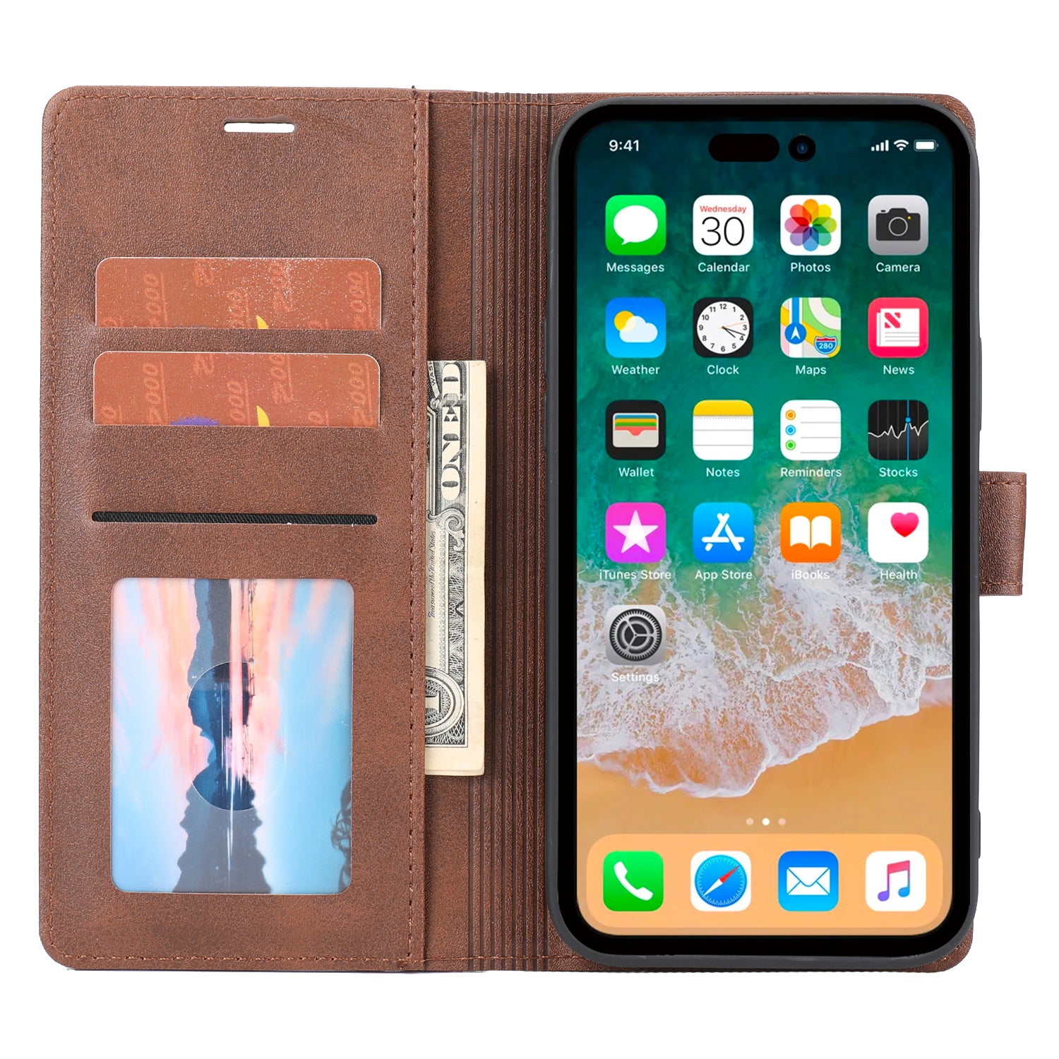 Wallet Leather Case for iPhone 15 Pro , Horizontal Line Stand Full Protection Phone Cover - Brown