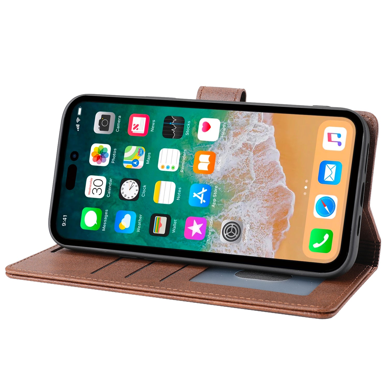 Wallet Leather Case for iPhone 15 Pro , Horizontal Line Stand Full Protection Phone Cover - Brown