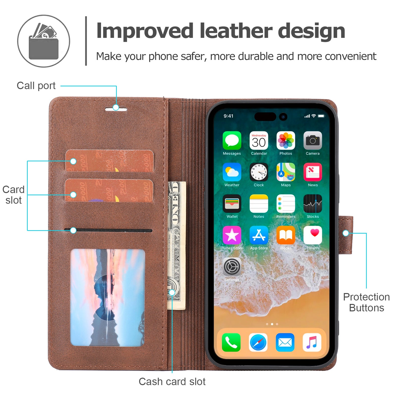 Wallet Leather Case for iPhone 15 Pro , Horizontal Line Stand Full Protection Phone Cover - Brown