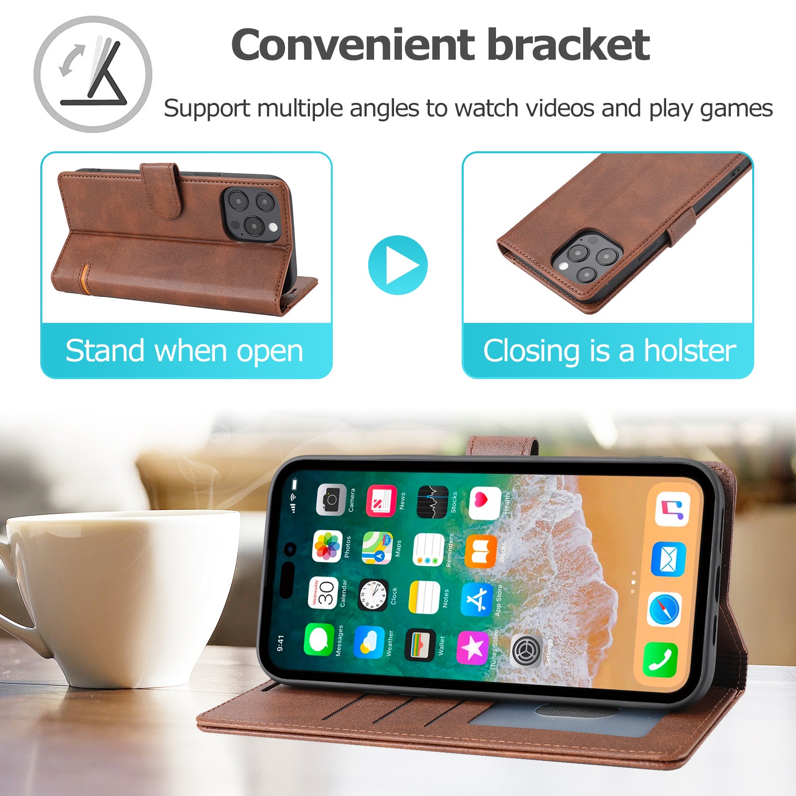 Wallet Leather Case for iPhone 15 Pro , Horizontal Line Stand Full Protection Phone Cover - Brown