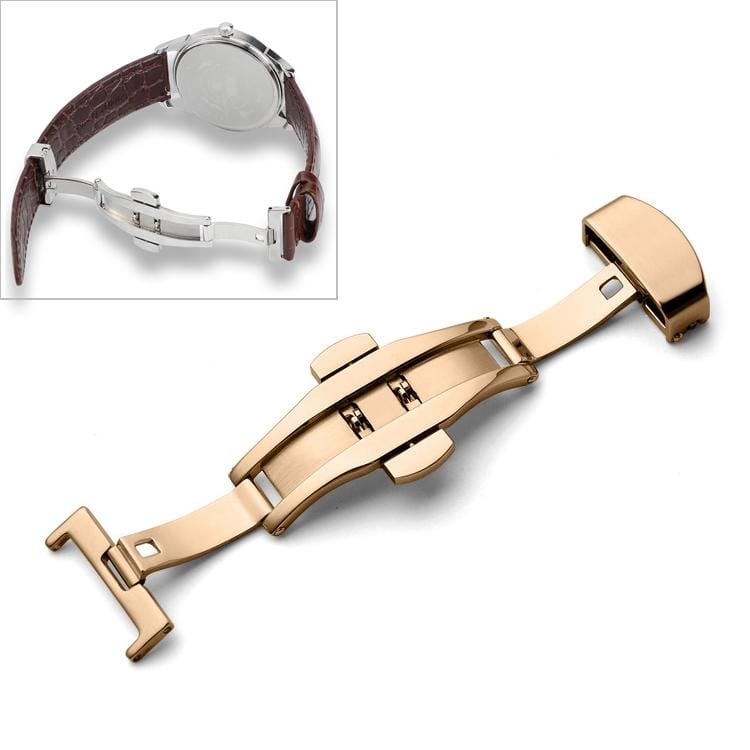 Watch Leather Wrist Strap Butterfly Buckle 316 Stainless Steel Double Snap, Size: 14mm (Rose Gold)
