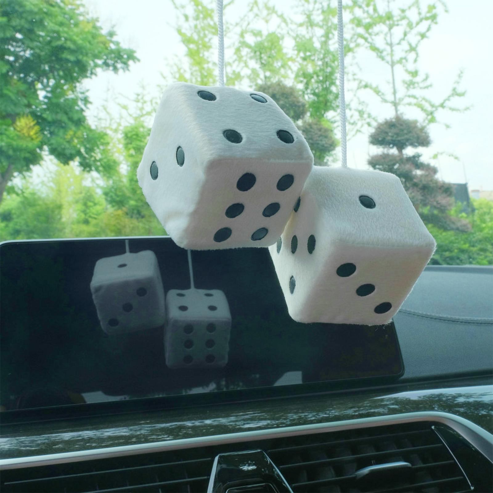 2Pcs Retro Fuzzy Dice with Dots Plush Dice Craps Pendant Ornament White