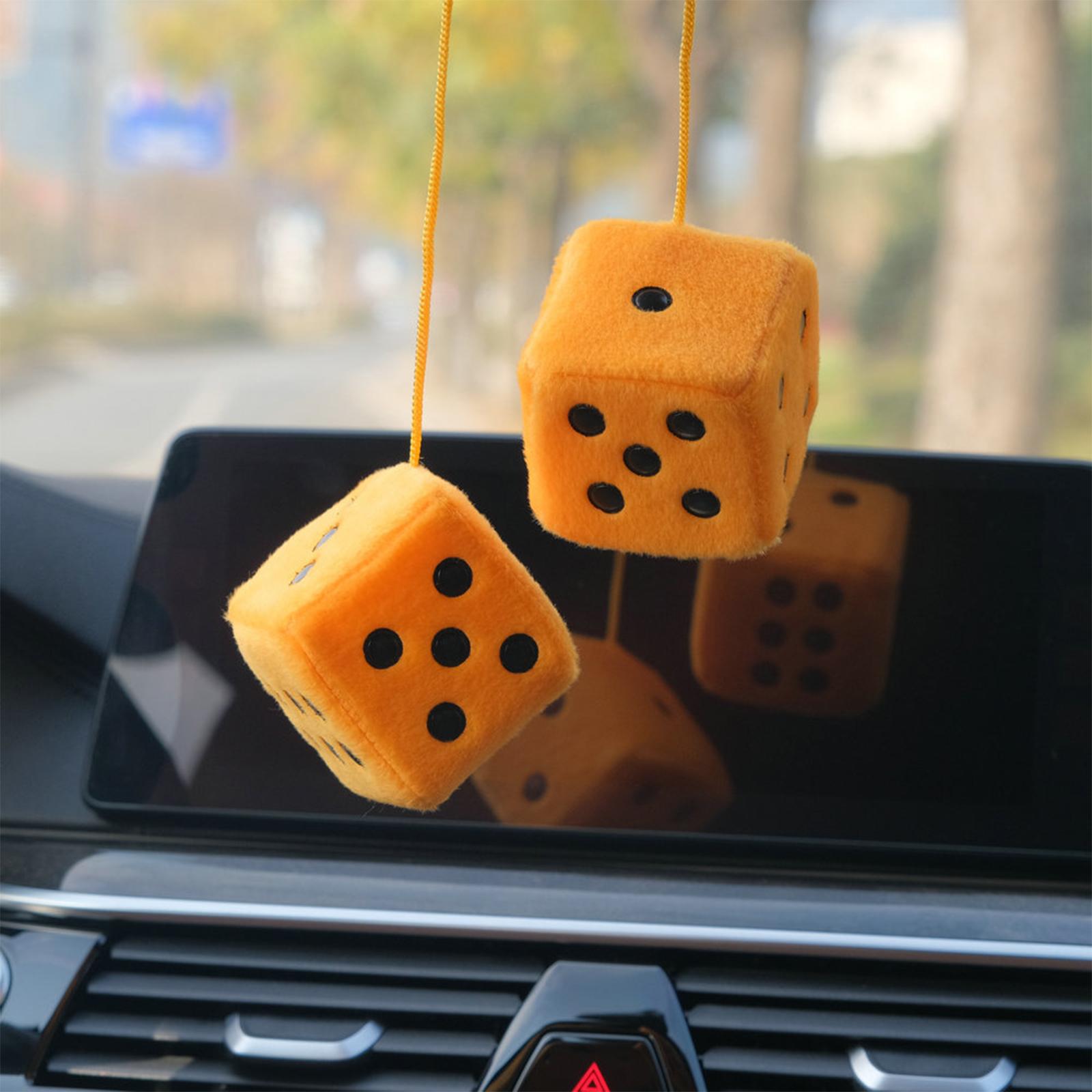 2Pcs Retro Fuzzy Dice with Dots Plush Dice Craps Pendant Ornament Yellow