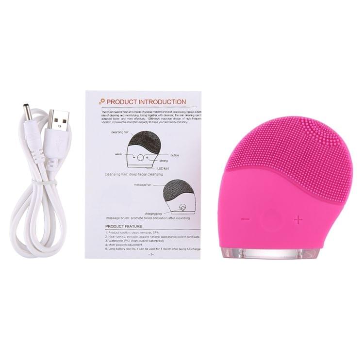 Portable USB Charging Waterproof Electric Sonic Vibration Silicone Facial Wash Brush Cleaner Beauty Massager with LED Indicator Light, DC 5V(Magenta)