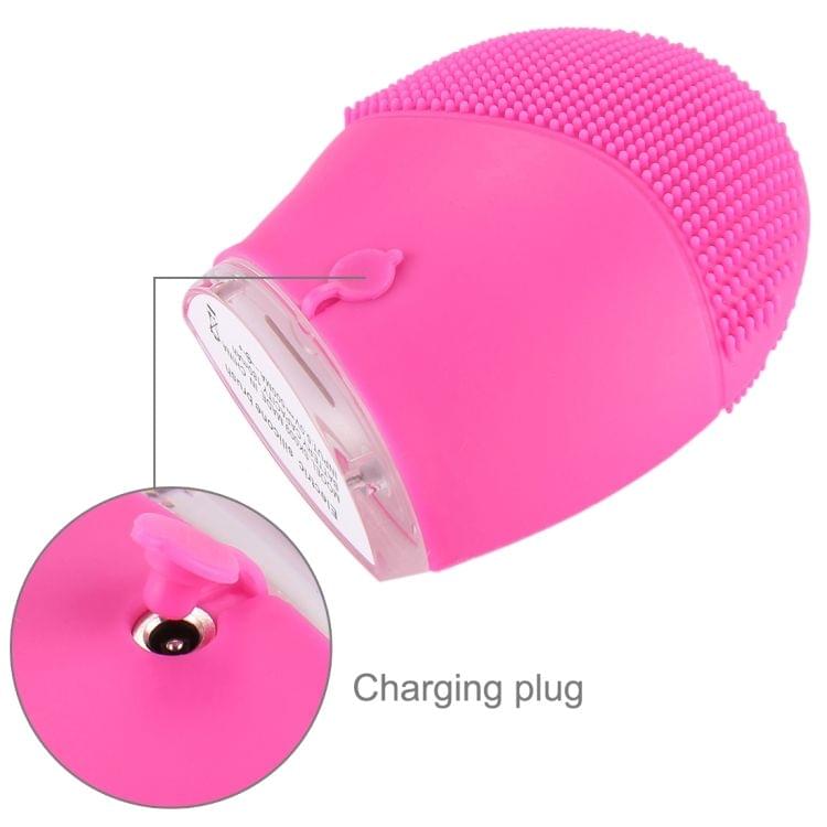 Portable USB Charging Waterproof Electric Sonic Vibration Silicone Facial Wash Brush Cleaner Beauty Massager with LED Indicator Light, DC 5V(Magenta)