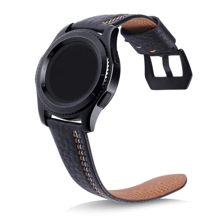 Three Lines Pattern Top-grain Leather Wrist Watch Band for Samsung Gear S3 22mm (Black)