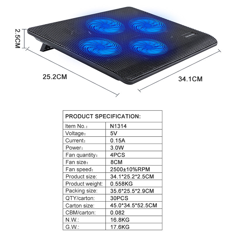 N1314 Notebook Heat Dissipation Base LED Light 4-Fan Cooler Stand Desktop Laptop Cooling Pad