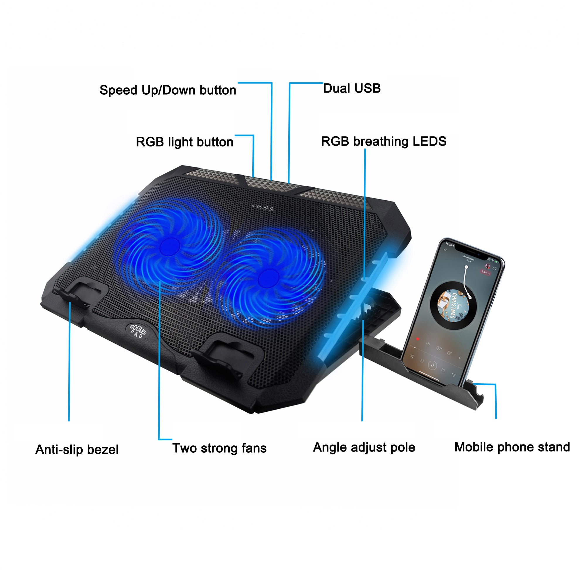 S900 Dual Fan Laptop Cooling Stand 7-Gear Height RGB Light Notebook Fan Cooler with Phone Stand