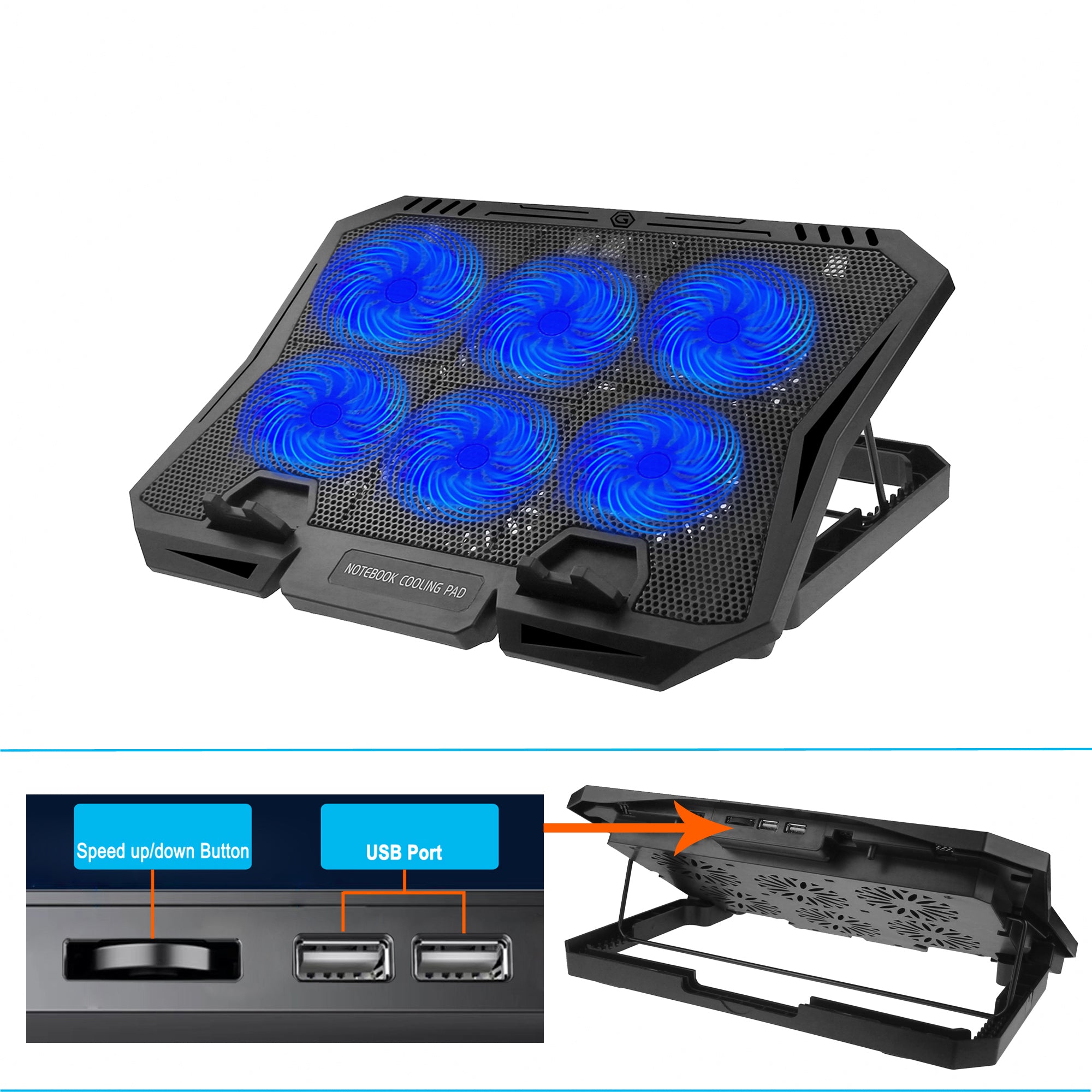 X6B 7-Gear Height 6-Fan Laptop Cooling Stand Adjustable Wind Speed Notebook Cooler - Blue Light