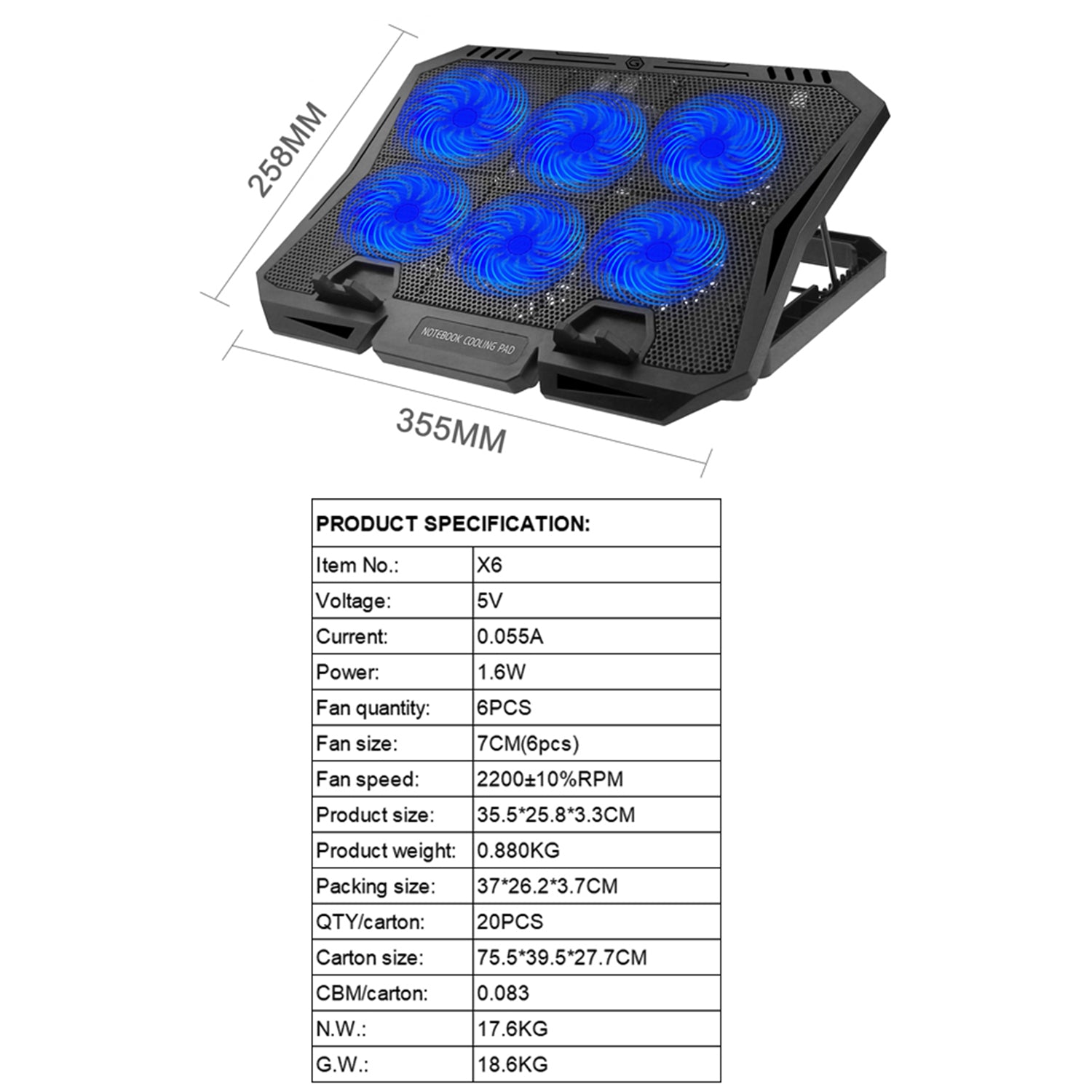 X6B 7-Gear Height 6-Fan Laptop Cooling Stand Adjustable Wind Speed Notebook Cooler - Blue Light