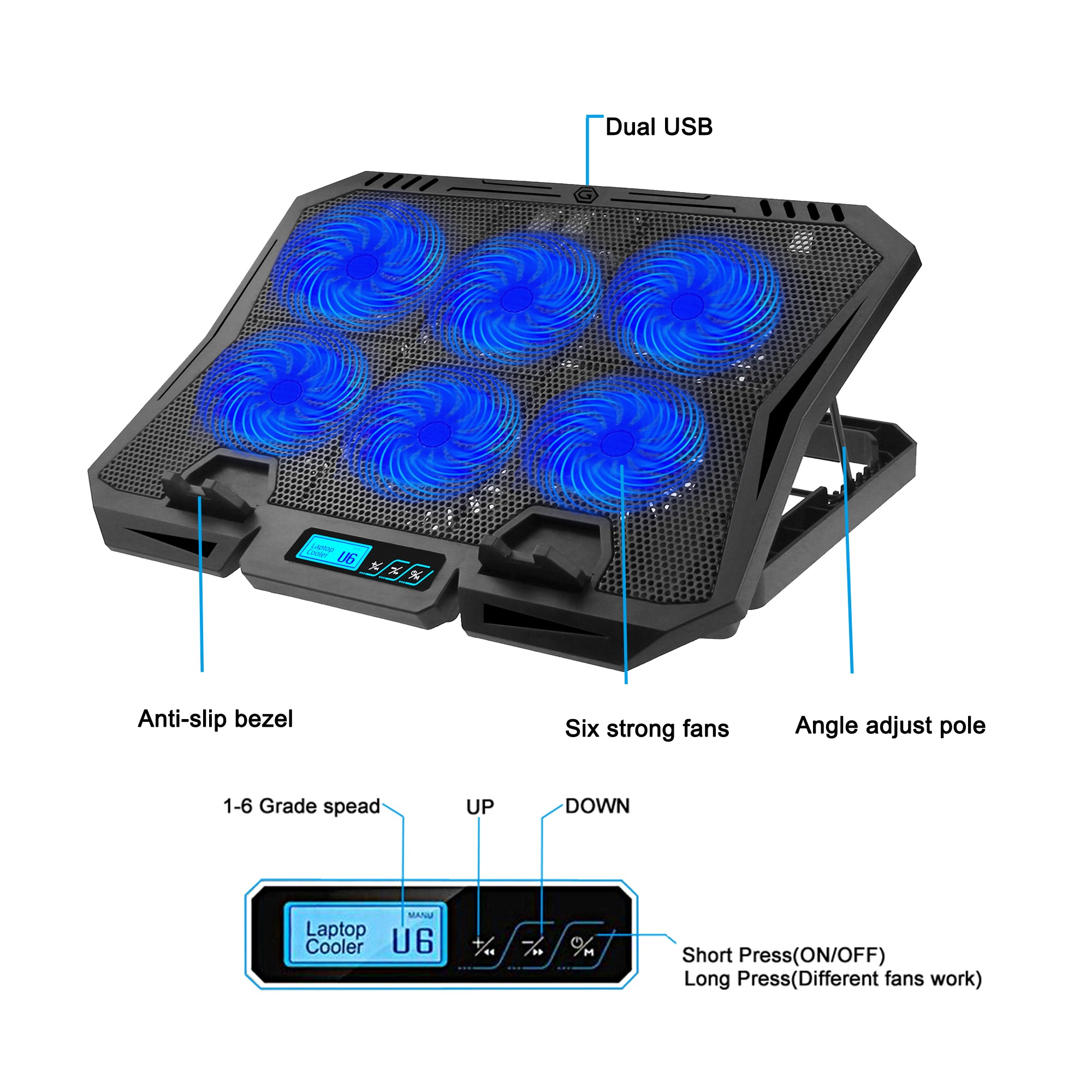 X6A 7-Gear Height Laptop Cooling Pad 6-Fan Radiator Notebook Cooler Stand with Display Screen - Blue Light