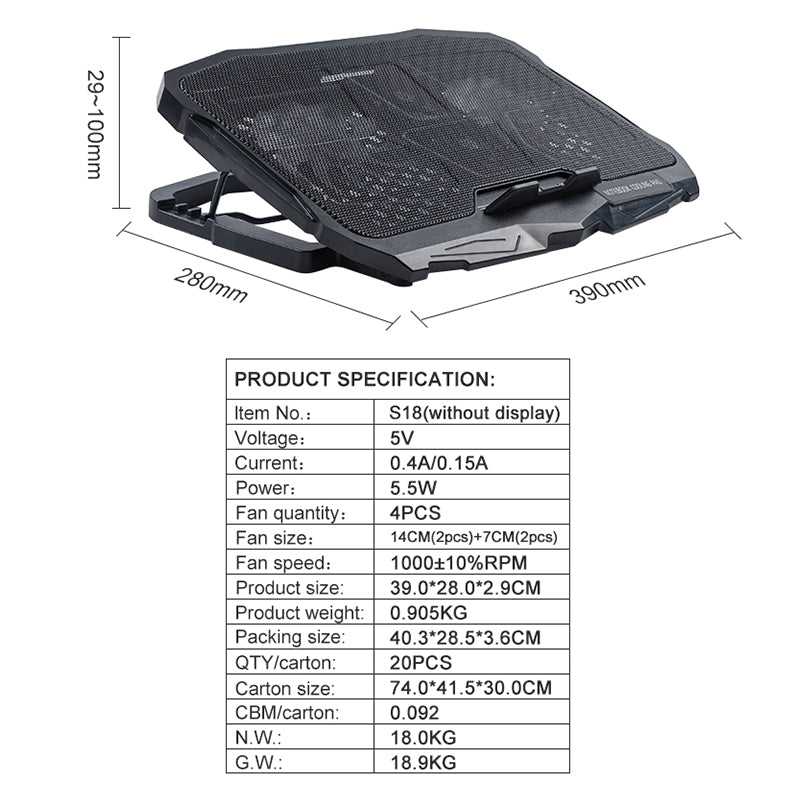 S18 Height Adjustable Notebook Router Radiator 4-Fan Cooler Desktop Laptop Cooling Pad - Blue Light