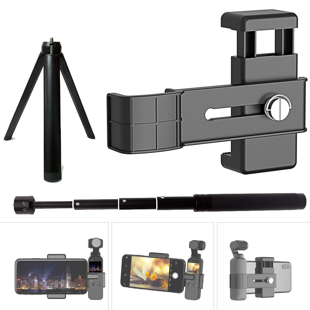 Portable Shooting Accessory PC Phone Clip + Camera Holder + Aluminum Alloy Tripod + Selfie Stick Extension with 1/4 Interface for DJI Osmo Pocket 1/2