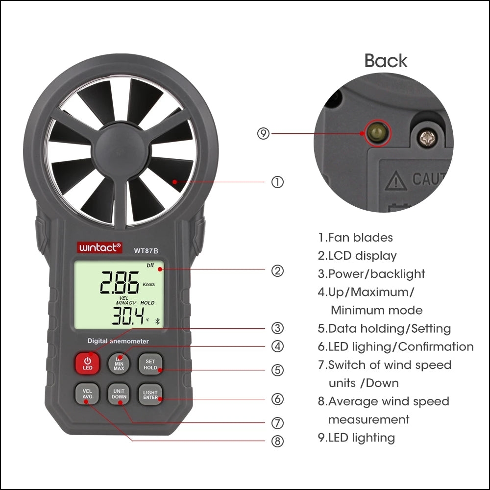 Uniqkart WT87B Digital Anemometer Thermometer Tester Portable Handheld Wind Speed Meter with USB Bluetooth