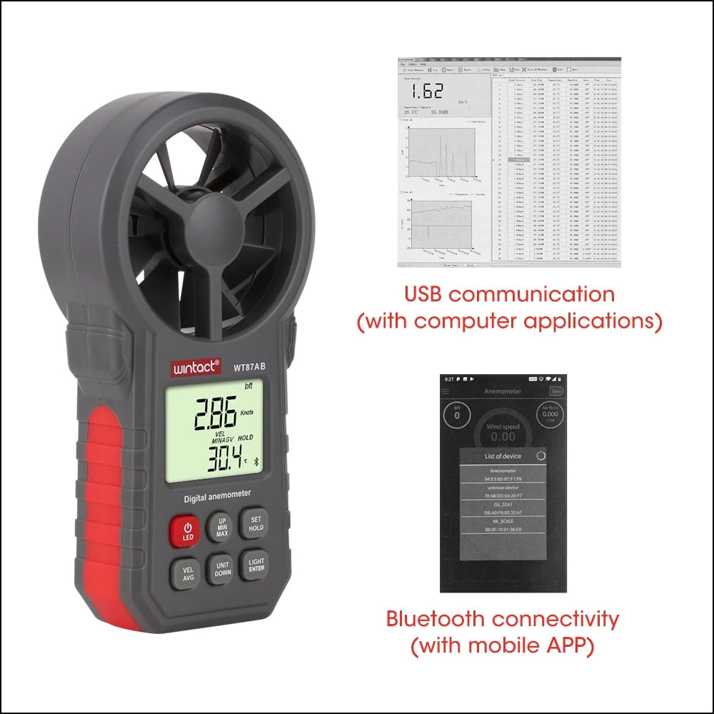 Uniqkart WT87B Digital Anemometer Thermometer Tester Portable Handheld Wind Speed Meter with USB Bluetooth