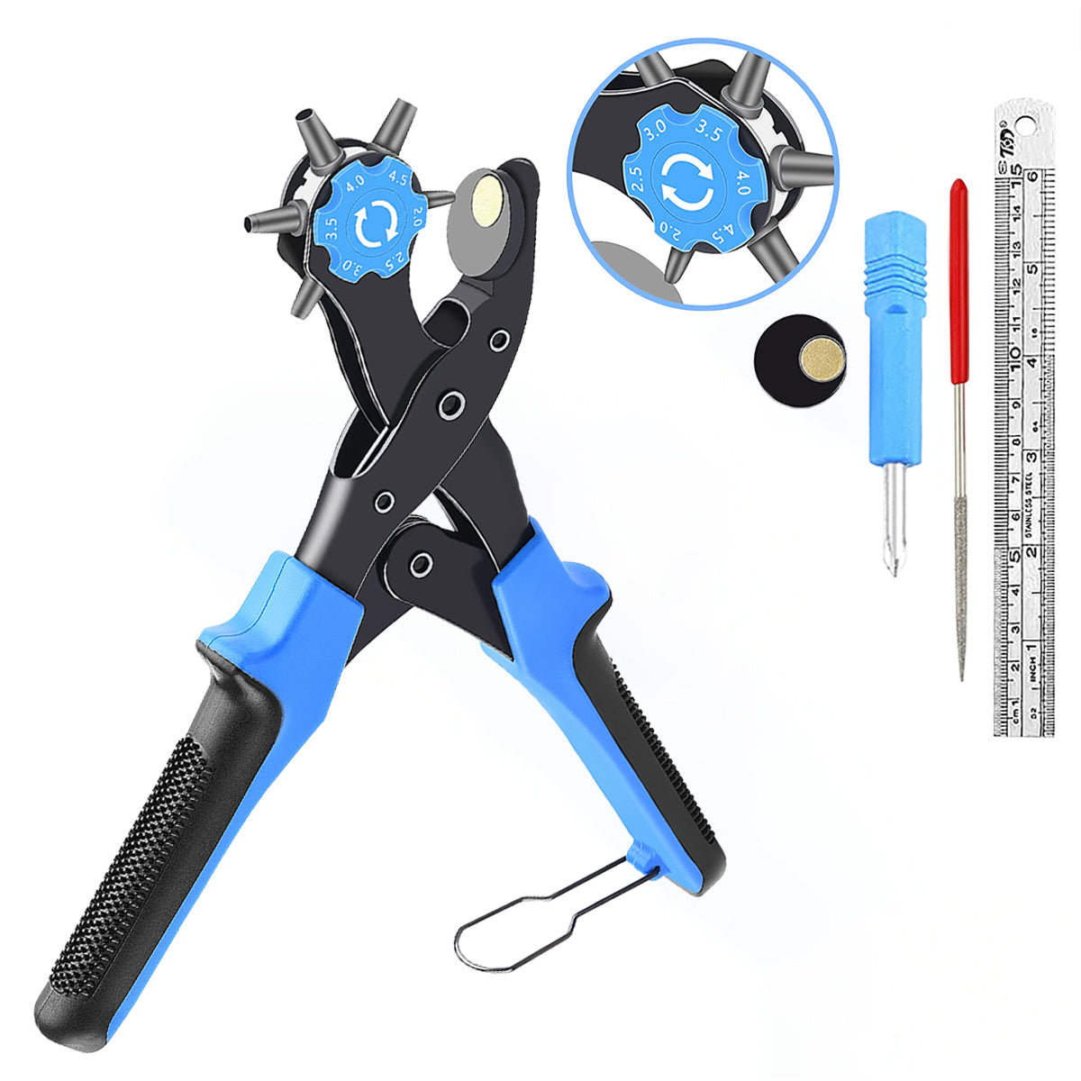 THD Leather Hole Punch Tool Leather Belt Punch Pliers Screwdriver Ruler Grind Rod Leathercraft Tools Set - Blue