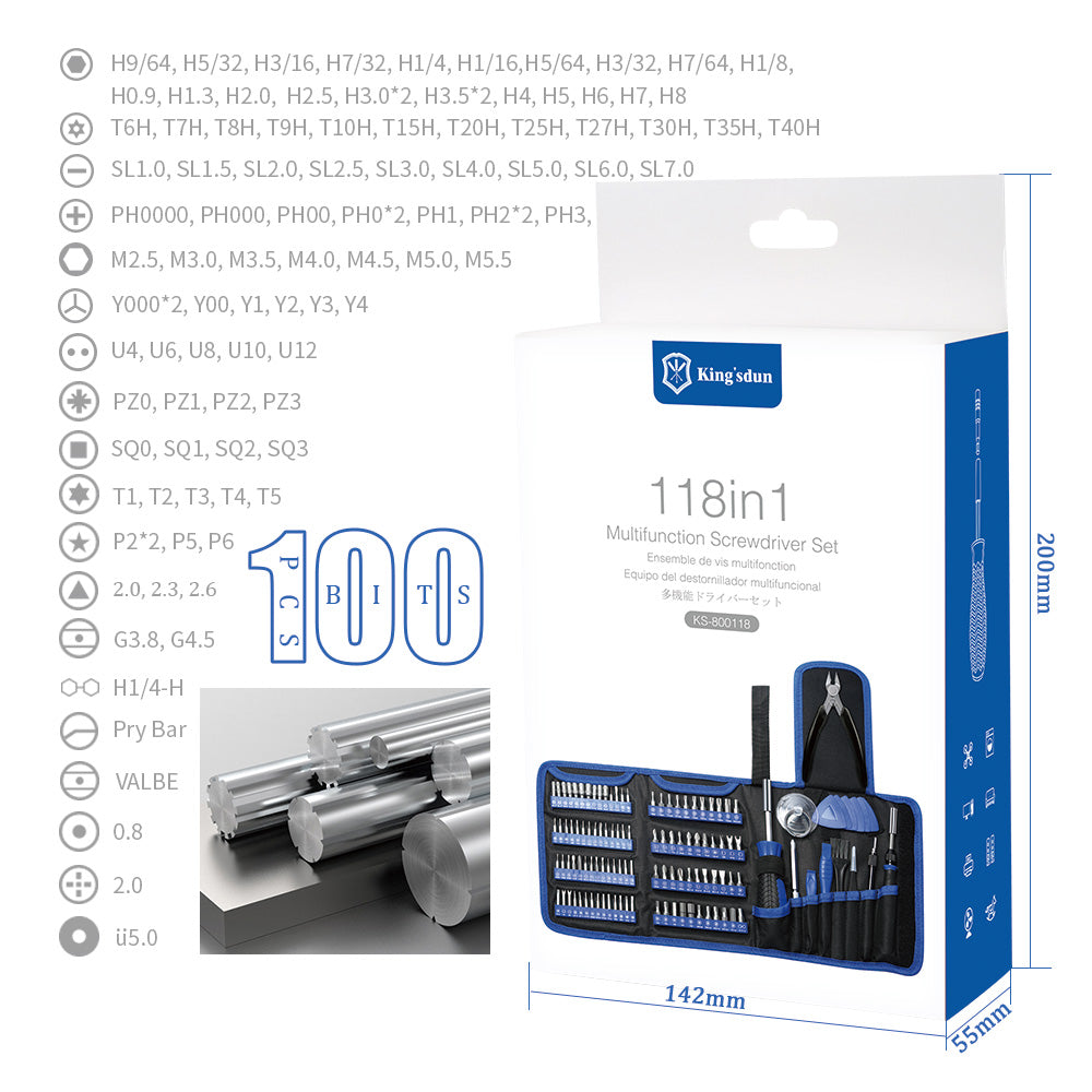 KING'SDUN KS-840126 117Pcs Precision Screwdriver Set with 108-Bits / Magnetizer Portable Repair Tool Kit for Watches, Cameras