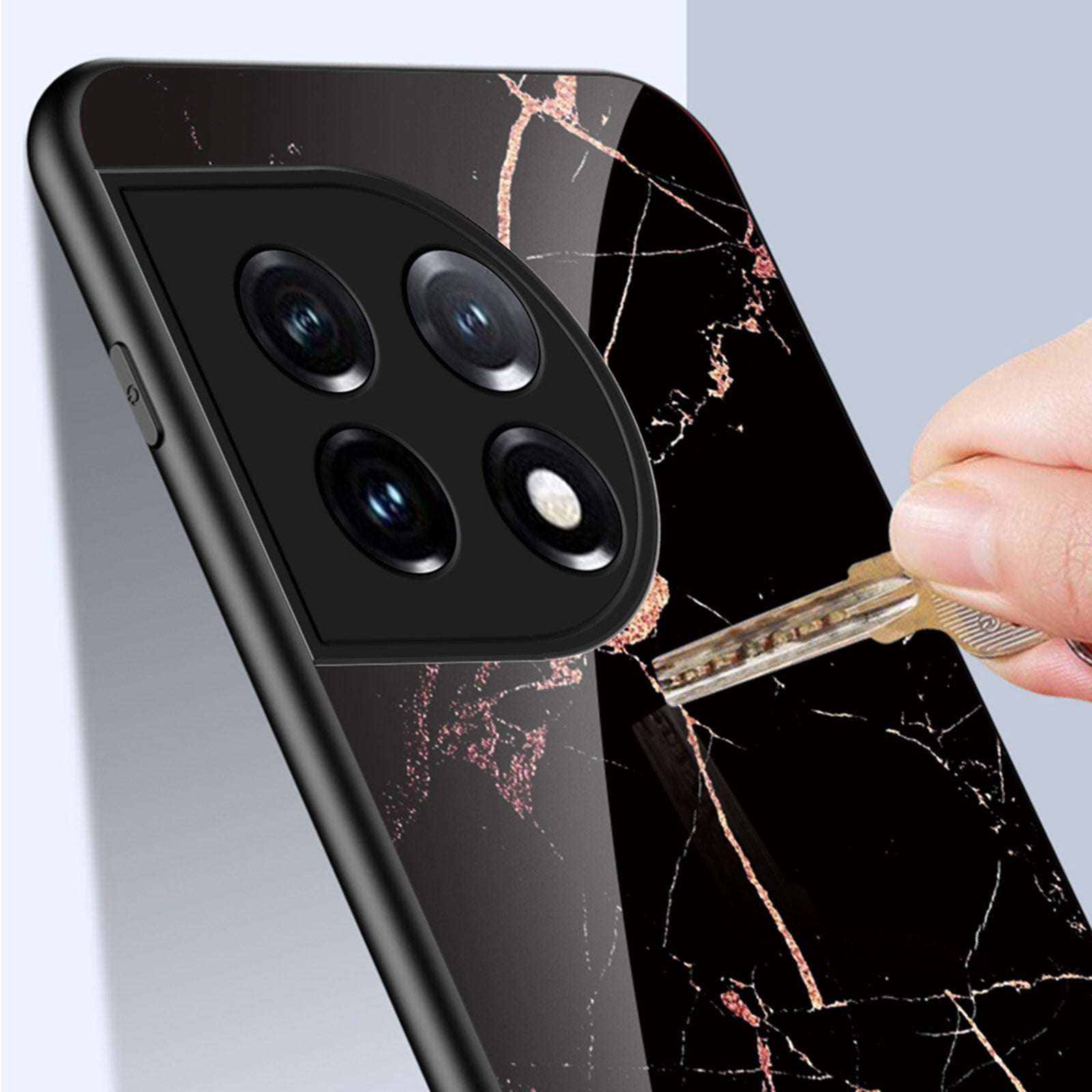 Tempered Glass + PC + TPU Phone Case for OnePlus 11 5G, Marble Pattern Printing Drop-proof Smartphone Cover - Black Marble