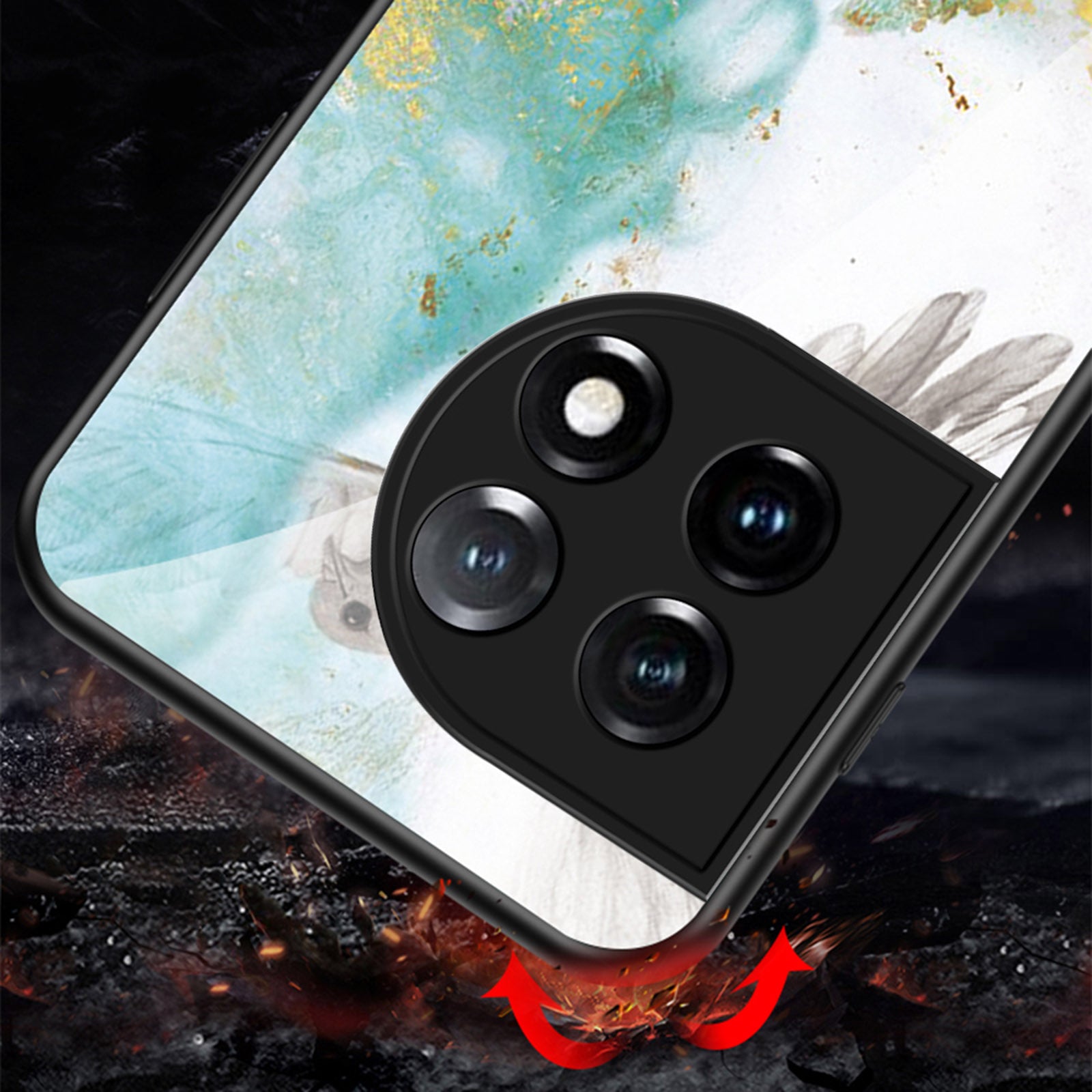 Tempered Glass + PC + TPU Phone Case for OnePlus 11 5G, Marble Pattern Printing Drop-proof Smartphone Cover - Black Marble