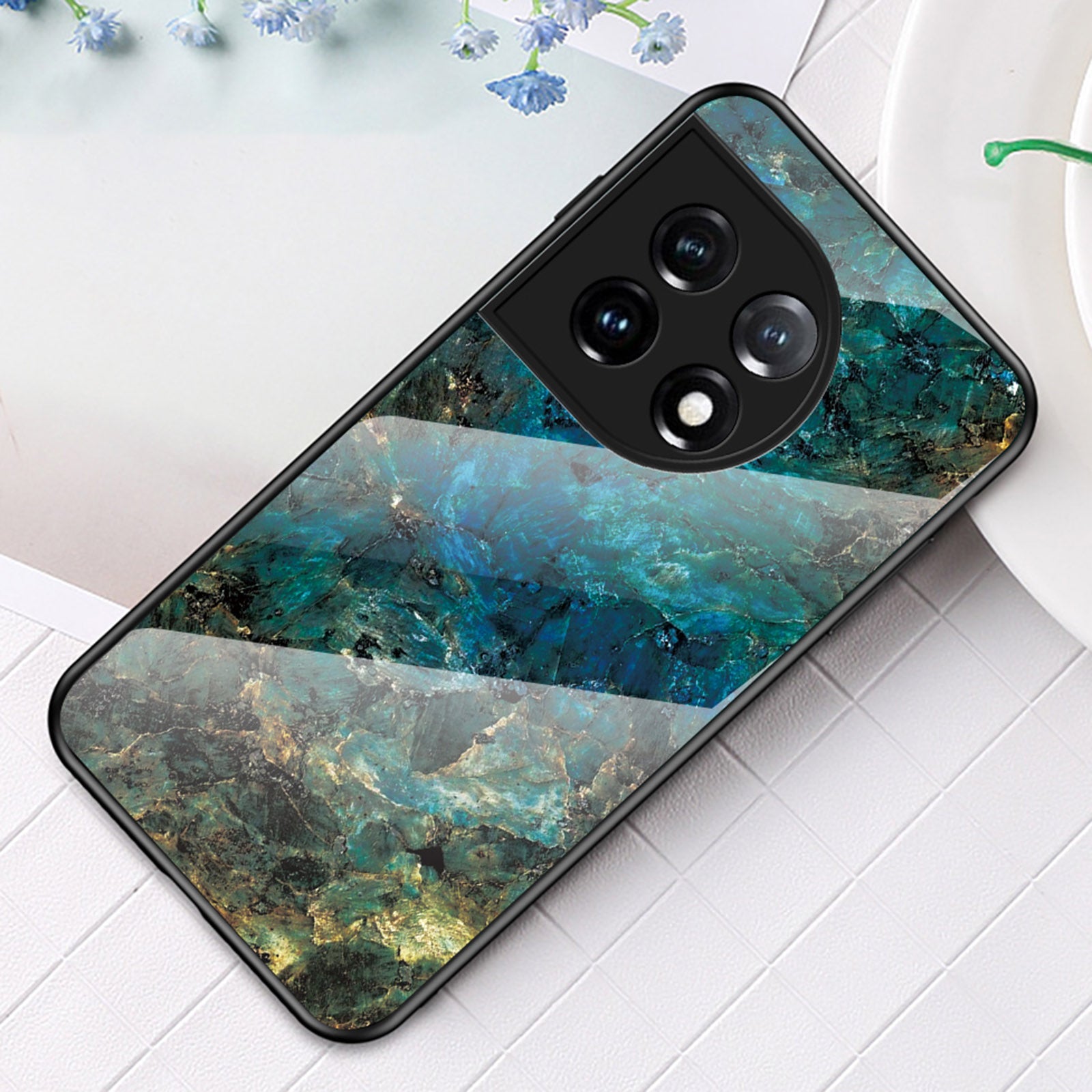 Tempered Glass + PC + TPU Phone Case for OnePlus 11 5G, Marble Pattern Printing Drop-proof Smartphone Cover - Emerald Marble