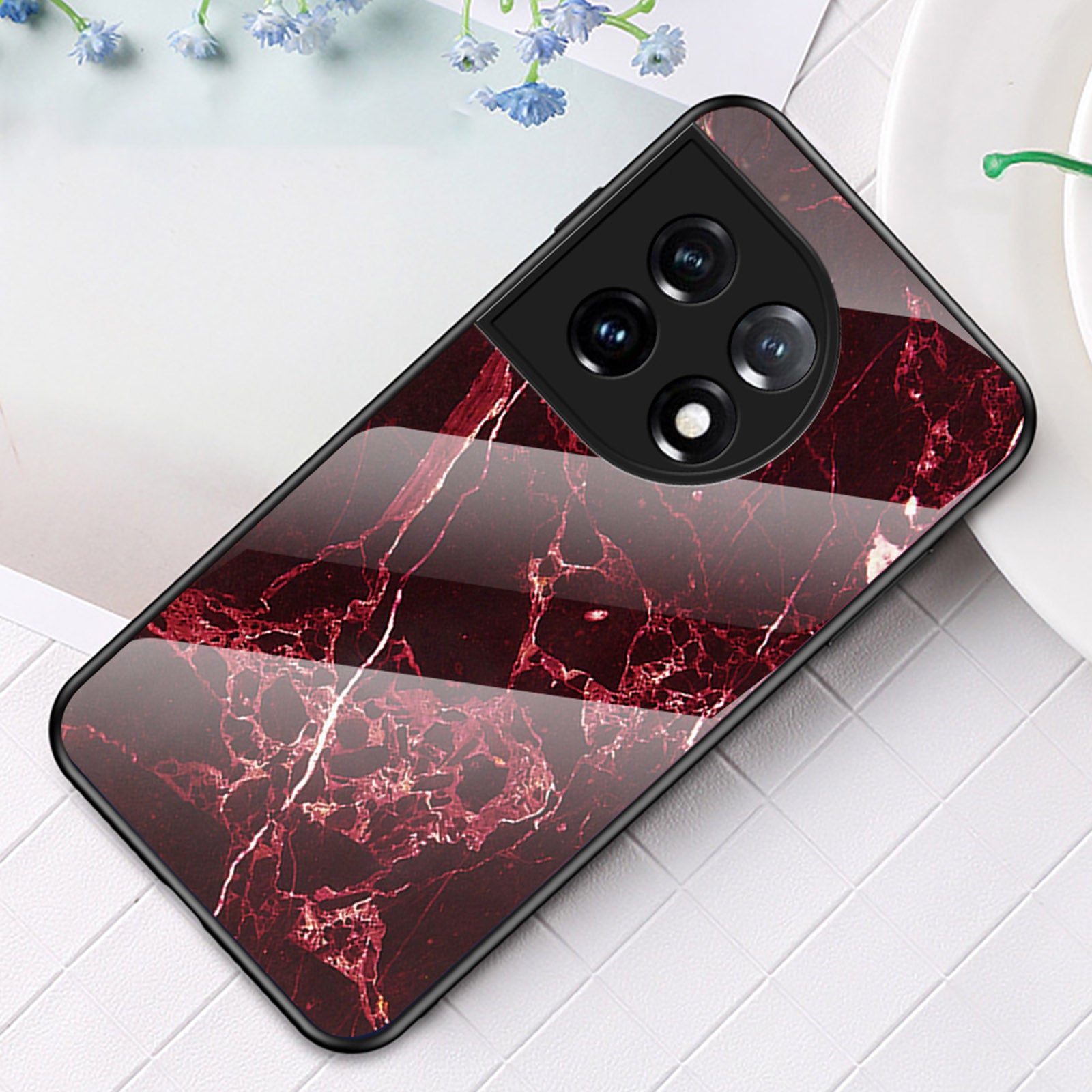 Tempered Glass + PC + TPU Phone Case for OnePlus 11 5G, Marble Pattern Printing Drop-proof Smartphone Cover - Blood Red Marble