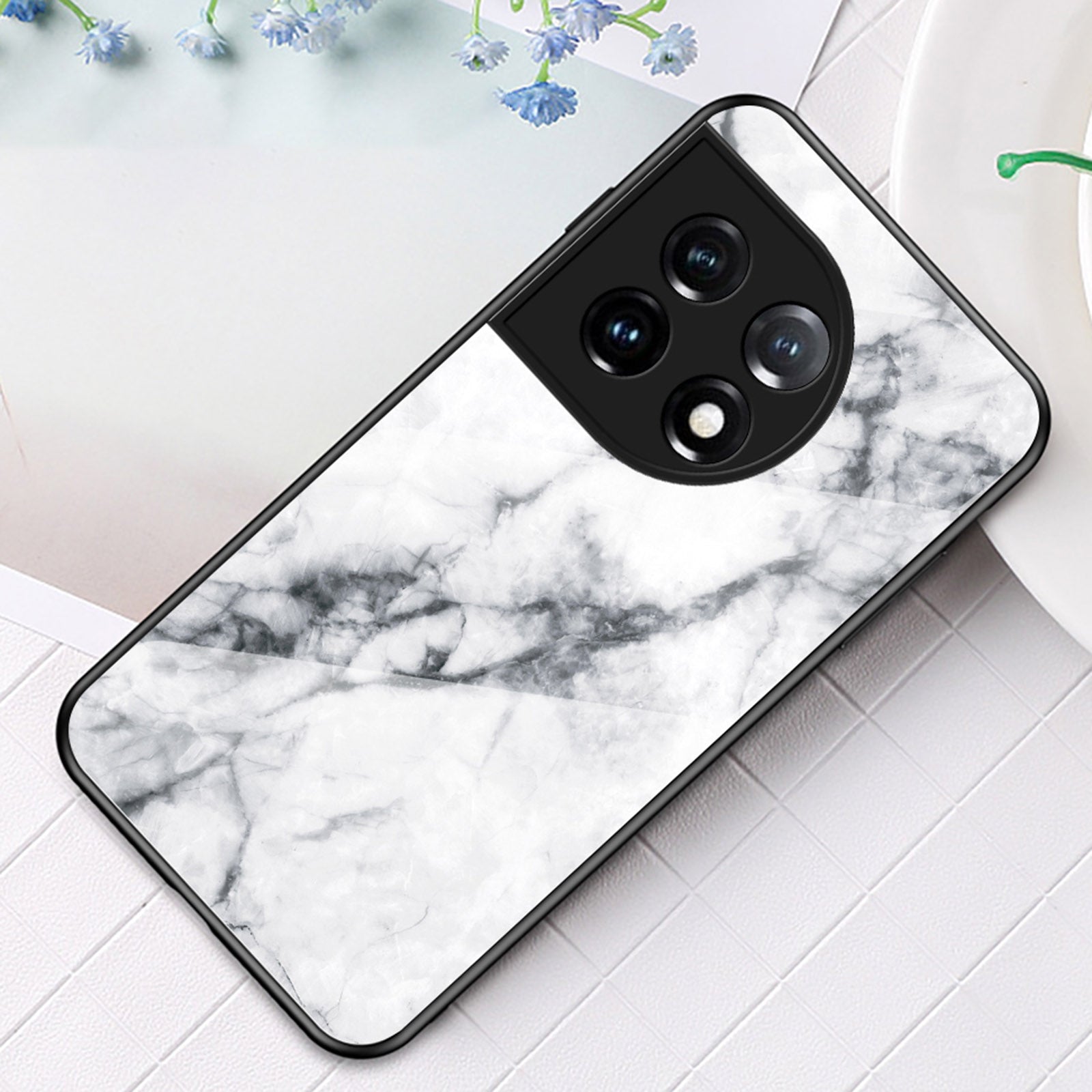 Tempered Glass + PC + TPU Phone Case for OnePlus 11 5G, Marble Pattern Printing Drop-proof Smartphone Cover - White Marble