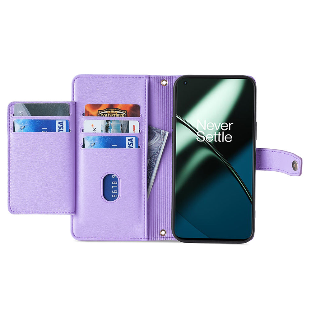 Shockproof Phone Case for OnePlus 11 5G, Zipper Pocket Card Slots Flip Leather Phone Cover with Straps - Purple