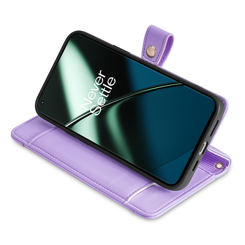 Shockproof Phone Case for OnePlus 11 5G, Zipper Pocket Card Slots Flip Leather Phone Cover with Straps - Purple