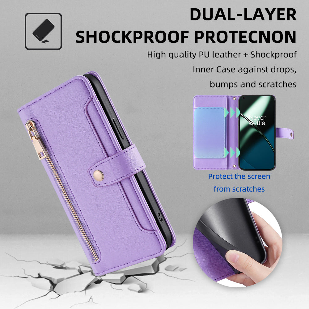 Shockproof Phone Case for OnePlus 11 5G, Zipper Pocket Card Slots Flip Leather Phone Cover with Straps - Purple