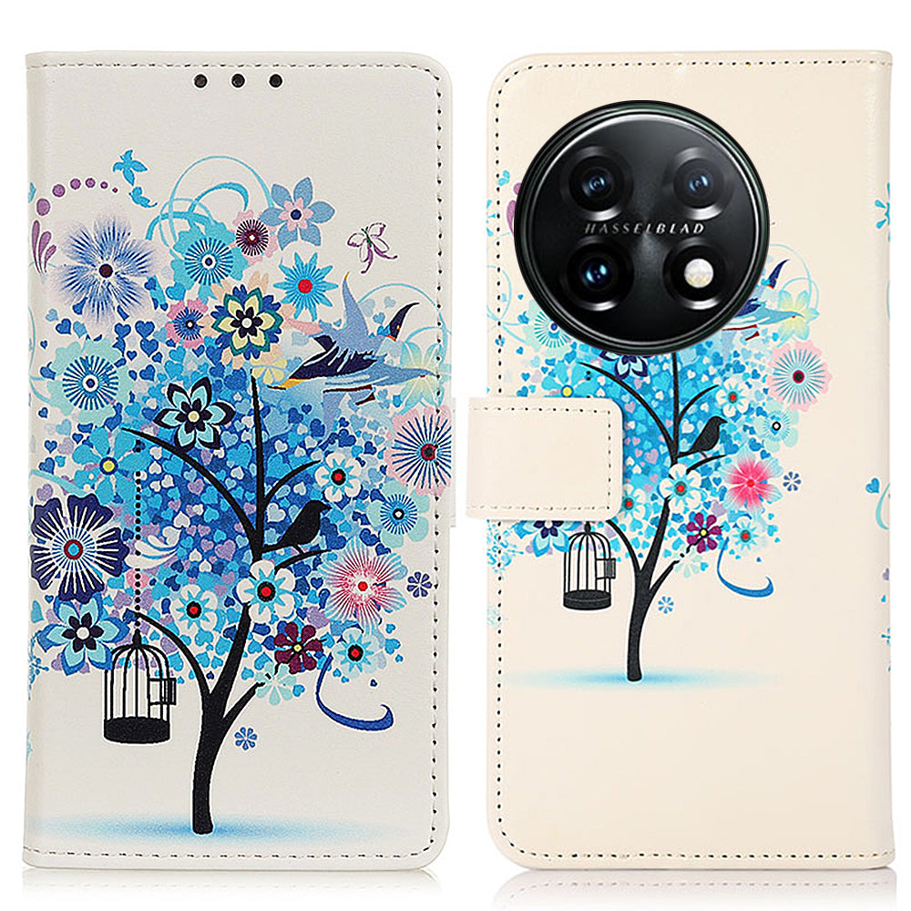 For OnePlus 11 5G Pattern Printing Phone Case PU Leather Stand Wallet Flip Cover - Blue Tree