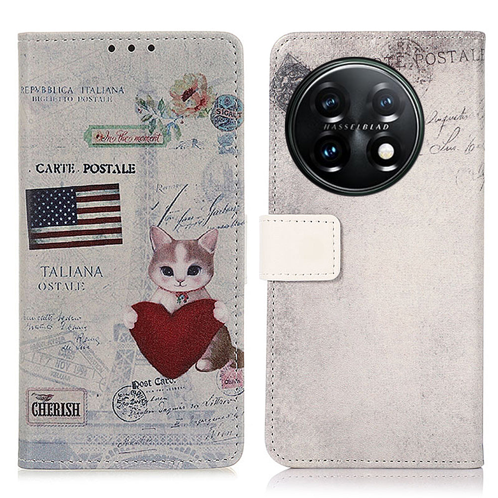 For OnePlus 11 5G Pattern Printing Phone Case PU Leather Stand Wallet Flip Cover - Cat and Heart
