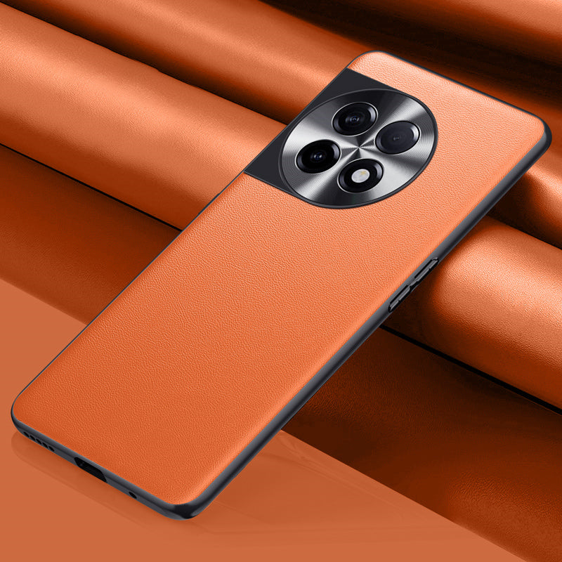 For OnePlus 11 5G PU Leather Coated TPU + PC Non-Slip Case Metal Lens Design Protective Phone Cover - Orange