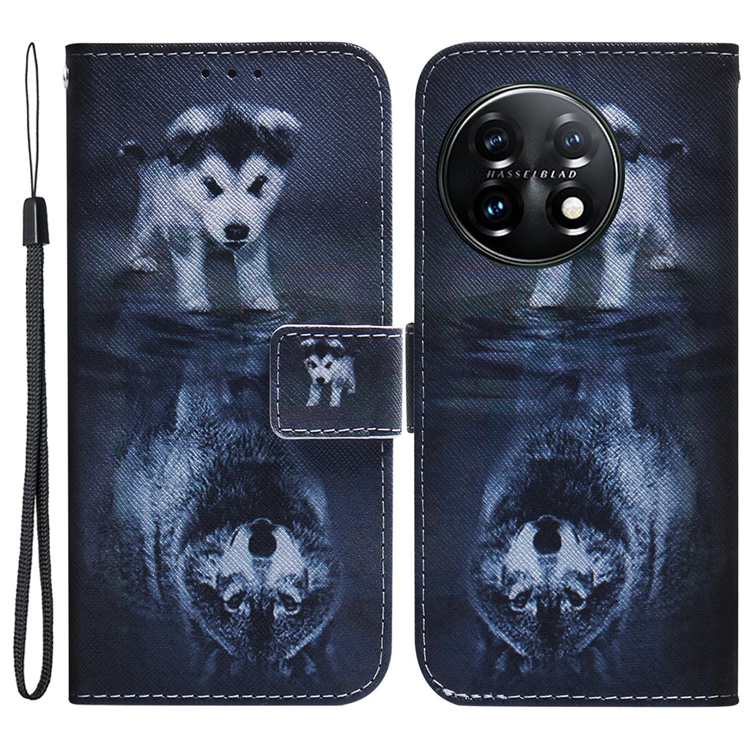 For OnePlus 11 5G Anti-fall PU Leather Phone Case Pattern Printing Stand Flip Wallet Cover with Strap - Dog and Wolf