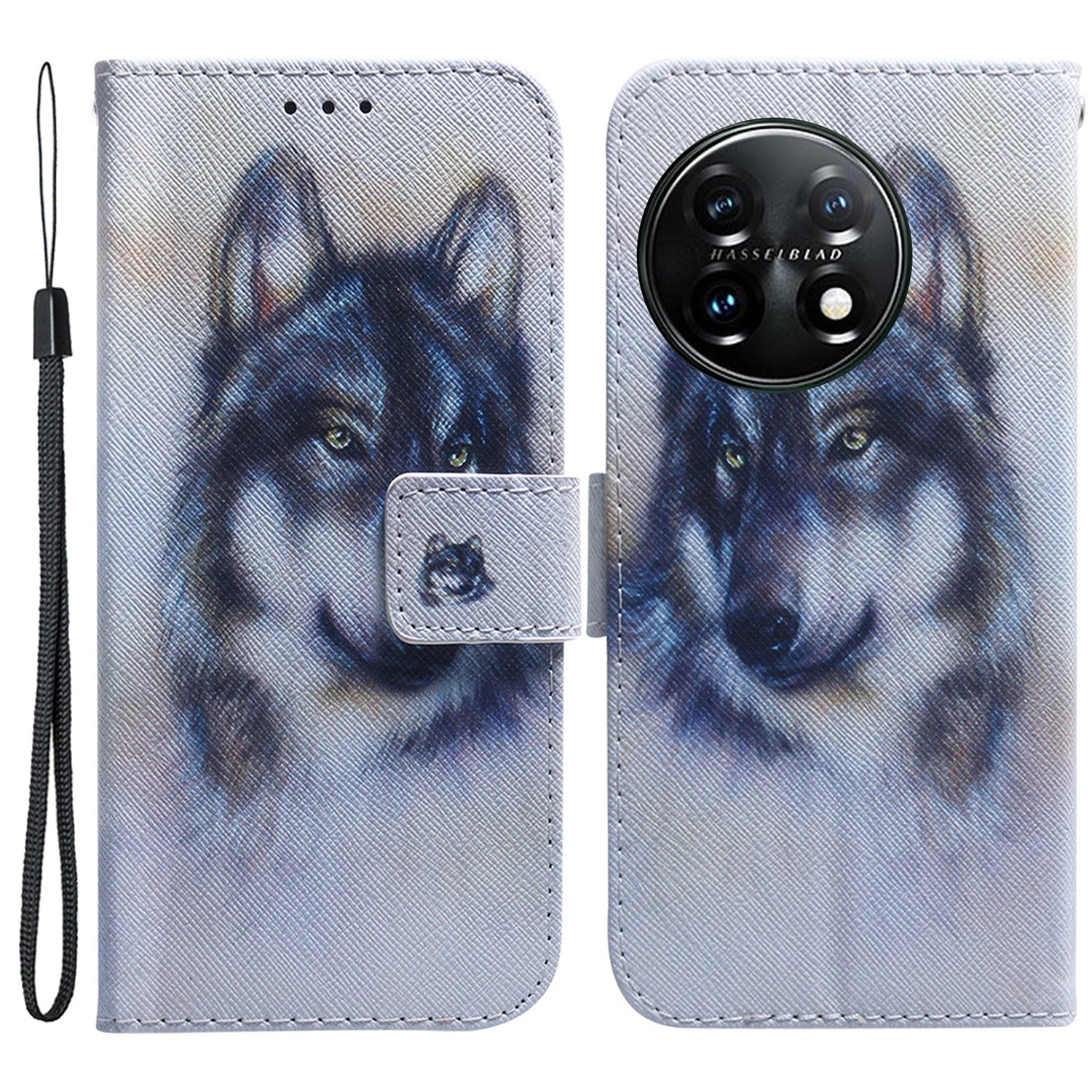For OnePlus 11 5G Anti-fall PU Leather Phone Case Pattern Printing Stand Flip Wallet Cover with Strap - Wolf