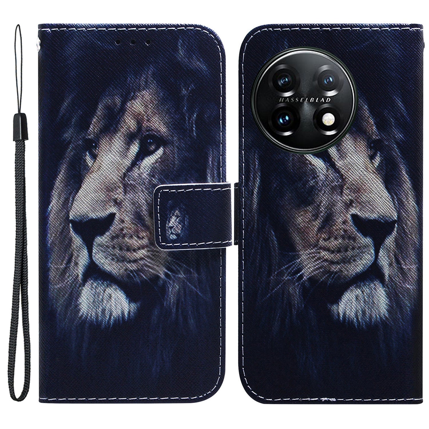 For OnePlus 11 5G Anti-fall PU Leather Phone Case Pattern Printing Stand Flip Wallet Cover with Strap - Lion