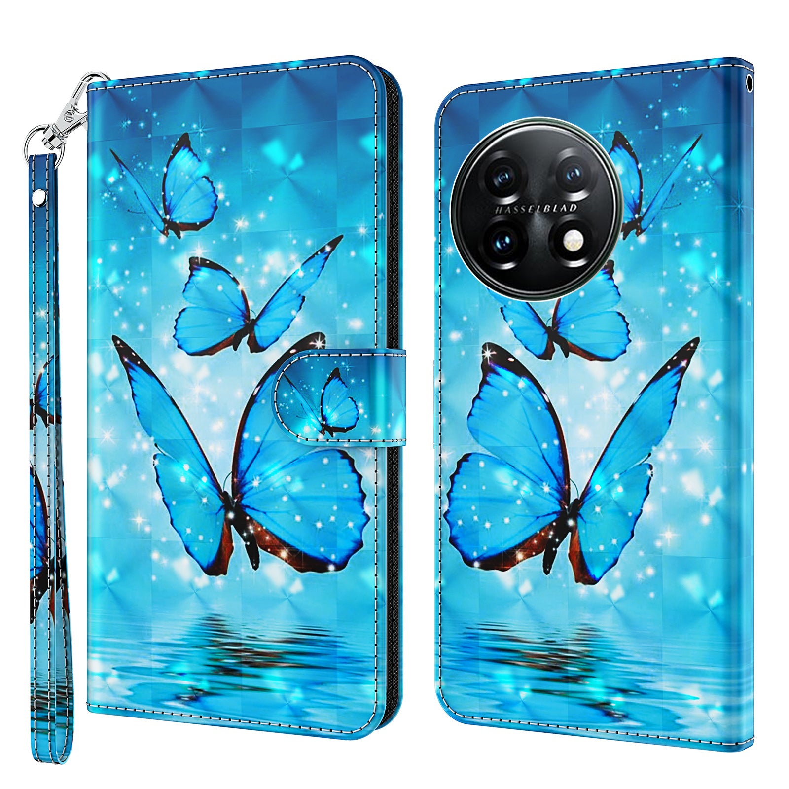 For OnePlus 11 5G PU Leather 3D Pattern Printing Phone Case Flip Wallet Stand Protective Cover - Blue Butterflies