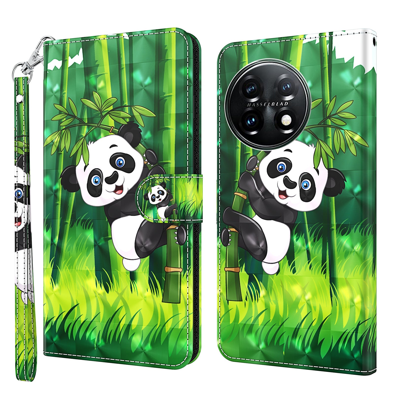 For OnePlus 11 5G PU Leather 3D Pattern Printing Phone Case Flip Wallet Stand Protective Cover - Panda Climbing