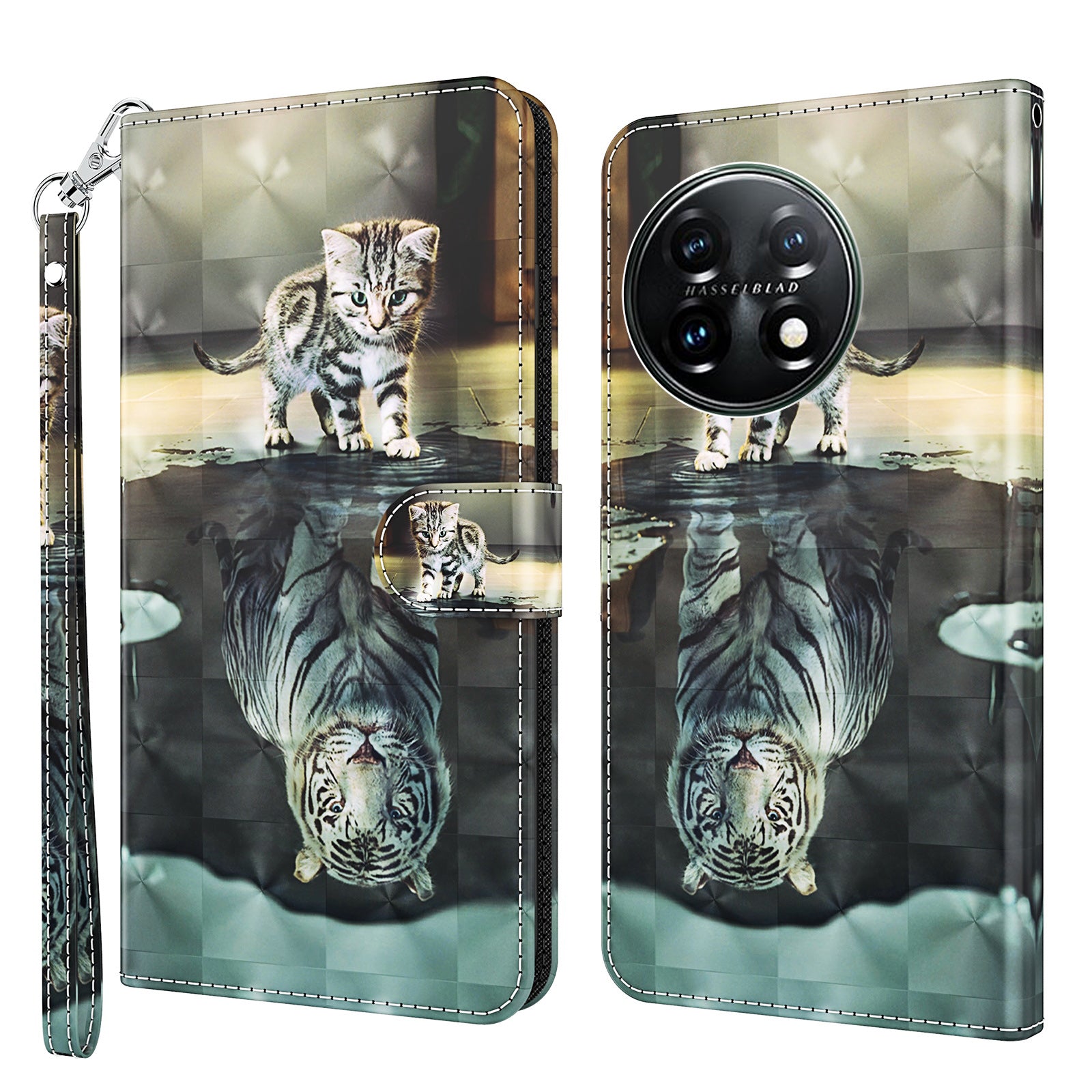For OnePlus 11 5G PU Leather 3D Pattern Printing Phone Case Flip Wallet Stand Protective Cover - Cat and Tiger