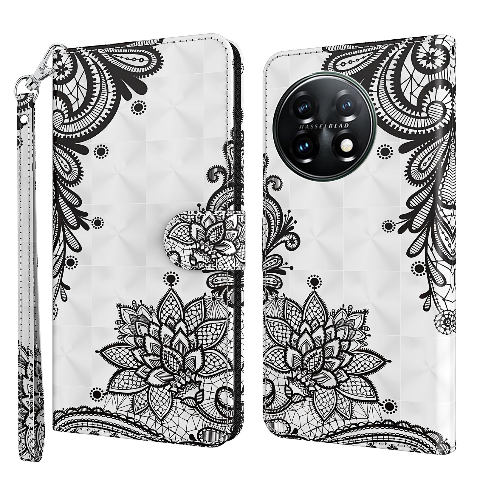 For OnePlus 11 5G PU Leather 3D Pattern Printing Phone Case Flip Wallet Stand Protective Cover - Lace Flower