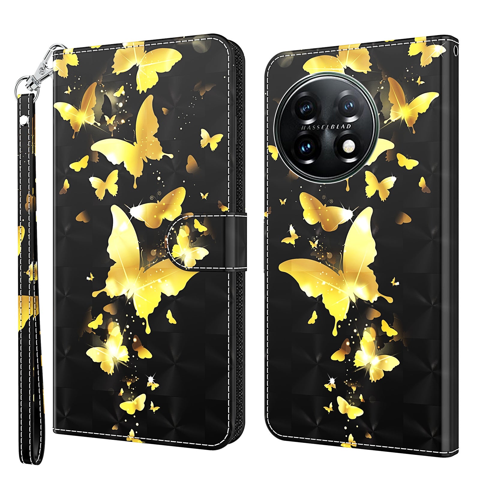 For OnePlus 11 5G PU Leather 3D Pattern Printing Phone Case Flip Wallet Stand Protective Cover - Golden Butterflies